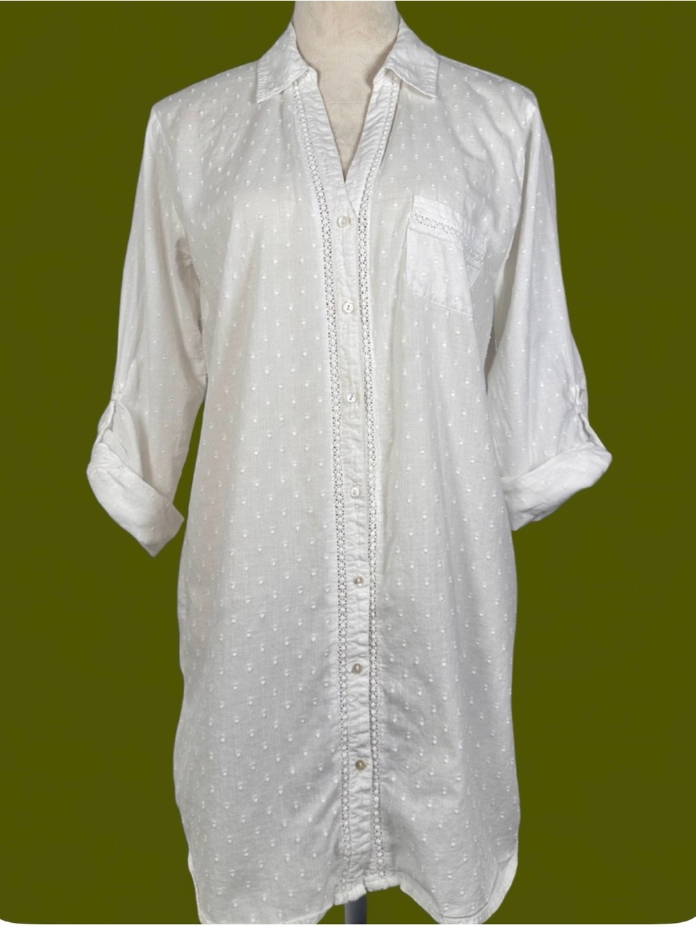 Sigrid Olsen White Swiss Dot 100%Cotton Tunic Shirt